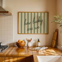 1pc, Unframed, How Lucky Are We - Green Striped Romantic Quote Poster, Lucky Love Print, Romantic Wall Art, Pastel Couple Gift, Emotional Home Art, Canvas Art For Living Room, Bedroom, Kitchen, Office, Cafe, Bar, Hallway, Home And Room Decoration
