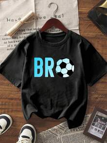 Navy Blue Short-Sleeved Crew Neck T-Shirt With "Bro" Football Print For Pre-Teen Boys, Summer Sports T-Shirt For Football-Loving Pre-Teen Boys - 黑色 - 查看 3
