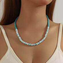 1pc Handmade Natural Turquoise & Shell Beaded Necklace, Fashion Versatile Unisex Couple Jewelry