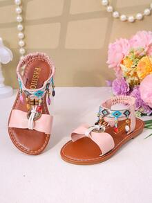 Kinder Sommer Sandalen, Boho-Stil, bunte Perlen, Retro bestickte flache Sandalen - Pink - Übersicht 1