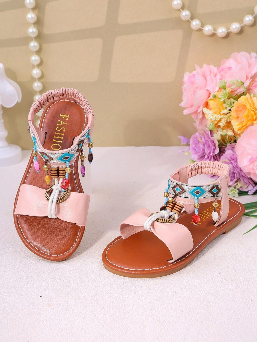 Kinder Sommer Sandalen, Boho-Stil, bunte Perlen, Retro bestickte flache Sandalen - Pink - Übersicht 1