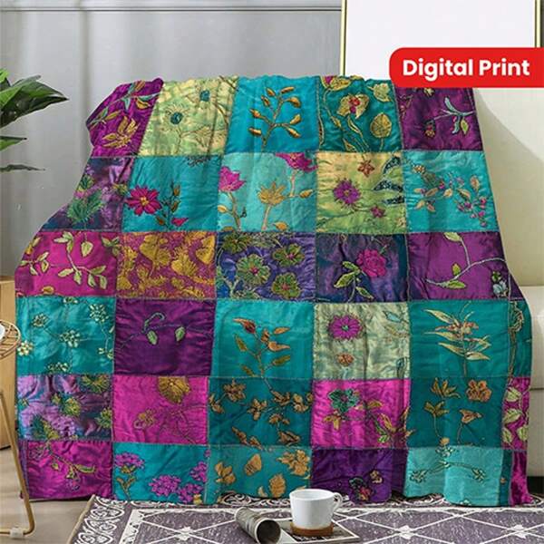 [Couverture en laine douce] 1 pièce couverture en laine vintage à patchwork floral - Couverture en polyester tricotée, impression numérique, convient pour le canapé, le lit, le bureau, le camping, les voyages - Légère et chaude de 250-300g