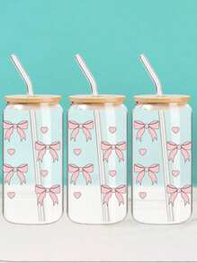 1 Stück 16oz transparenter Kaffeebecher mit rosa Schleifen Muster, inklusive Bambusdeckel und Strohhalm, große Kapazität für unterwegs, geeignet für Sommer und Winter, Geburtstags-, Feiertags- und Weihnachtsgeschenk, Glaswasserflasche, Becher, Eiskaffe Becher, süßes Produkt