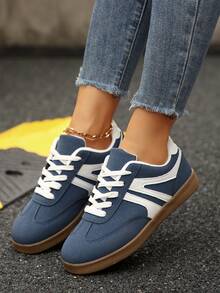 2025秋季女款加大码Deseq蓝色运动鞋学生校鞋拼色时尚运动鞋平底系带舒适防滑休闲鞋 - 藏蓝色 - 查看 2