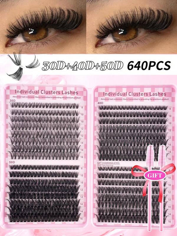 640PCS Individual Lash Clusters Large Capacity 30D+40D+50D D Curl 8-16mm DIY Lash Clusters Natural Look&Extra Thick&Wispy&Ultra Soft&Super Light Reusable Individual Segmented False Eyelashes Eyelash Extension Kit With Makeup Tools 2 Lash Brushes For Beginner Use At Home Or On-The-Go For Daily Life&Wedding&Party&Music Festival&Mother's Day