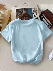 Camiseta de manga corta con cuello redondo y estampado de dibujos animados y lacito para niñas, informal para primavera y verano