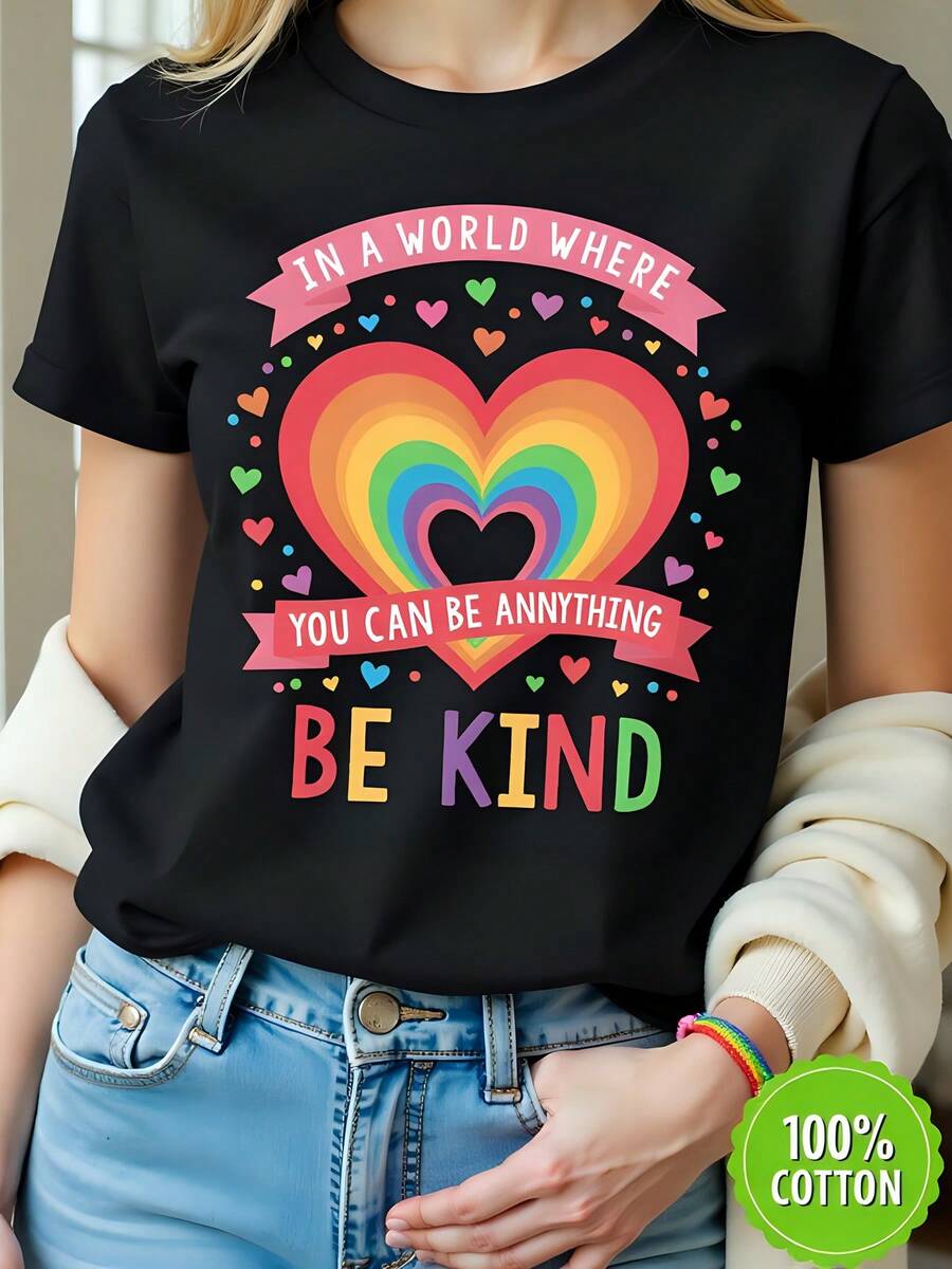 En un mundo donde puedes ser cualquier cosa, sé amable. Camiseta de algodón negro de manga corta con cuello redondo, 180 g. Camiseta gráfica con corazón de arcoíris inspirador para mujer. Regalo perfecto para Acción de Gracias, Navidad. Mujeres de talla grande. - Negro - Ver 1