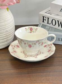 1set (1 Cup + 1 Saucer) Vintage Floral Ceramic Coffee Cup And Saucer Set, Hand-Painted Pink Flower Latte Mug For Office, Home, Afternoon Tea, Gifts Back To School