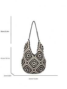 حقيبة يد كبيرة السعة من النساء، منسوجة باللونين متباينين، مفرغة وبتصميم عصري لشاطئ وعطلة