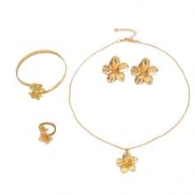 5pcs Vintage Golden Flower Pendant Necklace Bracelet Ring Earrings Jewelry Set