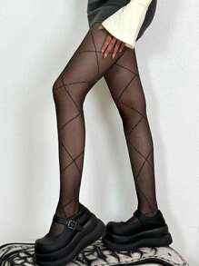 1 Stück Plus Größe Damen Strumpfhosen, schimmerndes silberfarbenes Kreuz-Raster-Design, dünn & sexy, geeignet für den täglichen Gebrauch, Frühling/Sommer