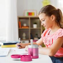 FUNTAINER - Tarro de comida para niños con aislamiento al aspiradora de acero inoxidable de 10 onzas con cuchara plegable, color verde azulado - Rosa - Ver 2