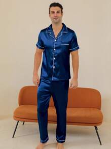 Two Pieces Sets Men's Pajamas With Open Button Top And Pants Set