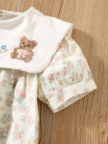 Girl Summer Dress With Bear Embroidery, Short Sleeve Peter Pan Collar Knee Length, Sweet Young Lady Style