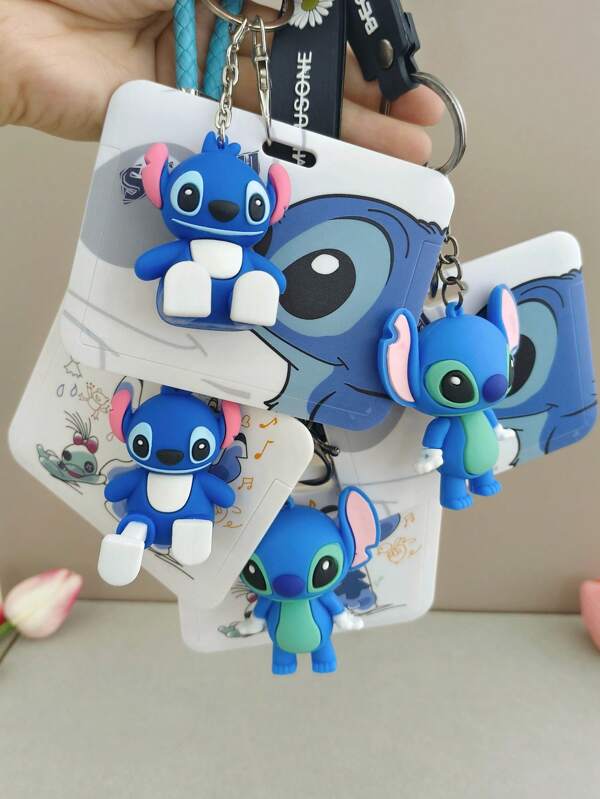 Disney 4pcs Stitch Card Holder Sets With Creative Keychains, Cute Cartoon ID/Badge Holders, Luggage Tags, Perfect As Graduation Souvenir Gifts, Family Photos