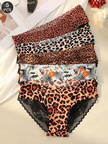5 piezas de bragas para mujer con estampado de leopardo y encaje, ropa interior cómoda, transpirable y de ajuste ceñido, adecuada para todas las estaciones y uso diario