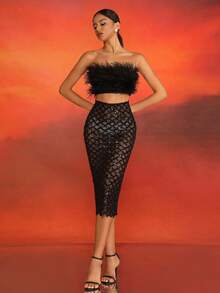 Love Aing Nouveau ensemble de 2 pièces, top court sexy sans manches et jupe en fausse fourrure, convient pour les banquets, les fêtes et les cocktails - Noir - Voir 2