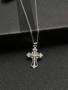 1 ketting + 1 paar oorbellen, donkere stijl, diamanten kruishanger, oorbellen, opengewerkte punkstijl sieradenset voor dames