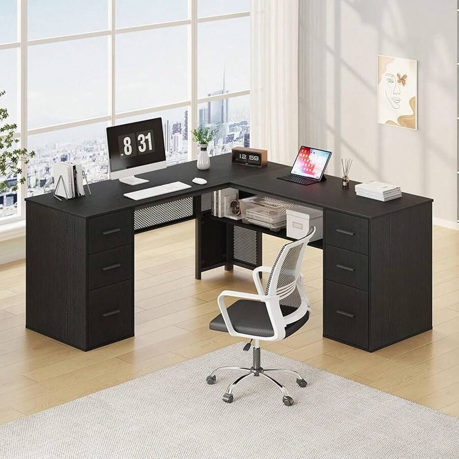 Veyra White L Shaped Desk With Drawers Shelves, Large Home Office Corner Computer Desk With Storage File Cabinet, Modern Metal Wood Desk For Executive Writing Study Workstation, 59 Inch Bedroom Table - Black - View 1