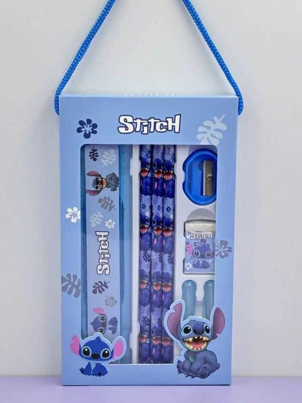 Disney 8 pièces Ensemble de papeterie pour la rentrée scolaire, boîte cadeau avec design de personnages dessin animé Stitch et Chip Dale, ensemble de papeterie créative de dessins animés, récompenses et cadeaux d'apprentissage pour enfants