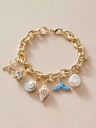 Set van 1/2 schelpen-, zeesterren- en zeemeerminstaarthangers, zomerstrand-schelpenbedelarmband en parelketting, sieradenset voor dames in oceaanstijl voor dagelijks gebruik