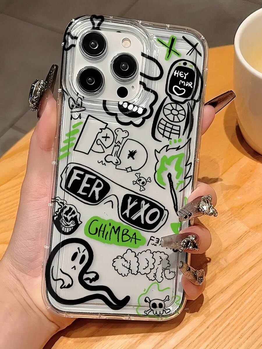 1pc Ghost Graffiti Pattern TPU Shock-Resistant Full Protective Phone Case, Compatible With Apple 16 15 14 13 12 11 Pro Max, Series - Multicolor - View 1