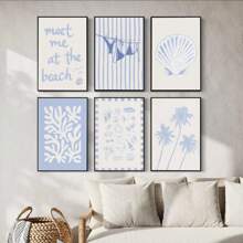 6-Pc Coastal Seashell Starfish Palm Tree Wall Art Prints – Beach & Coastal Wall Decor Poster Set For Girly Room, Dorm & Apartment Home Decoration, Chic Preppy Aesthetic