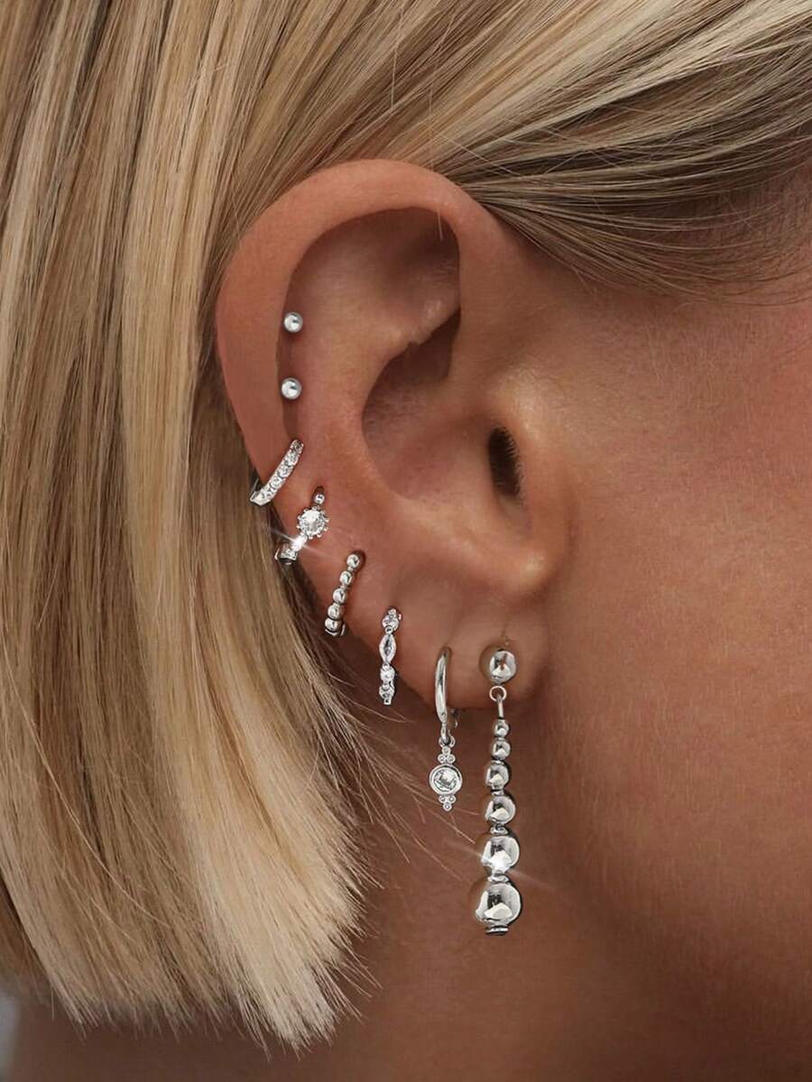 8 件套单耳夹和耳钉套装，简约优雅的设计适合女士夜间外出、派对、日常佩戴 - 銀色 - 查看 1