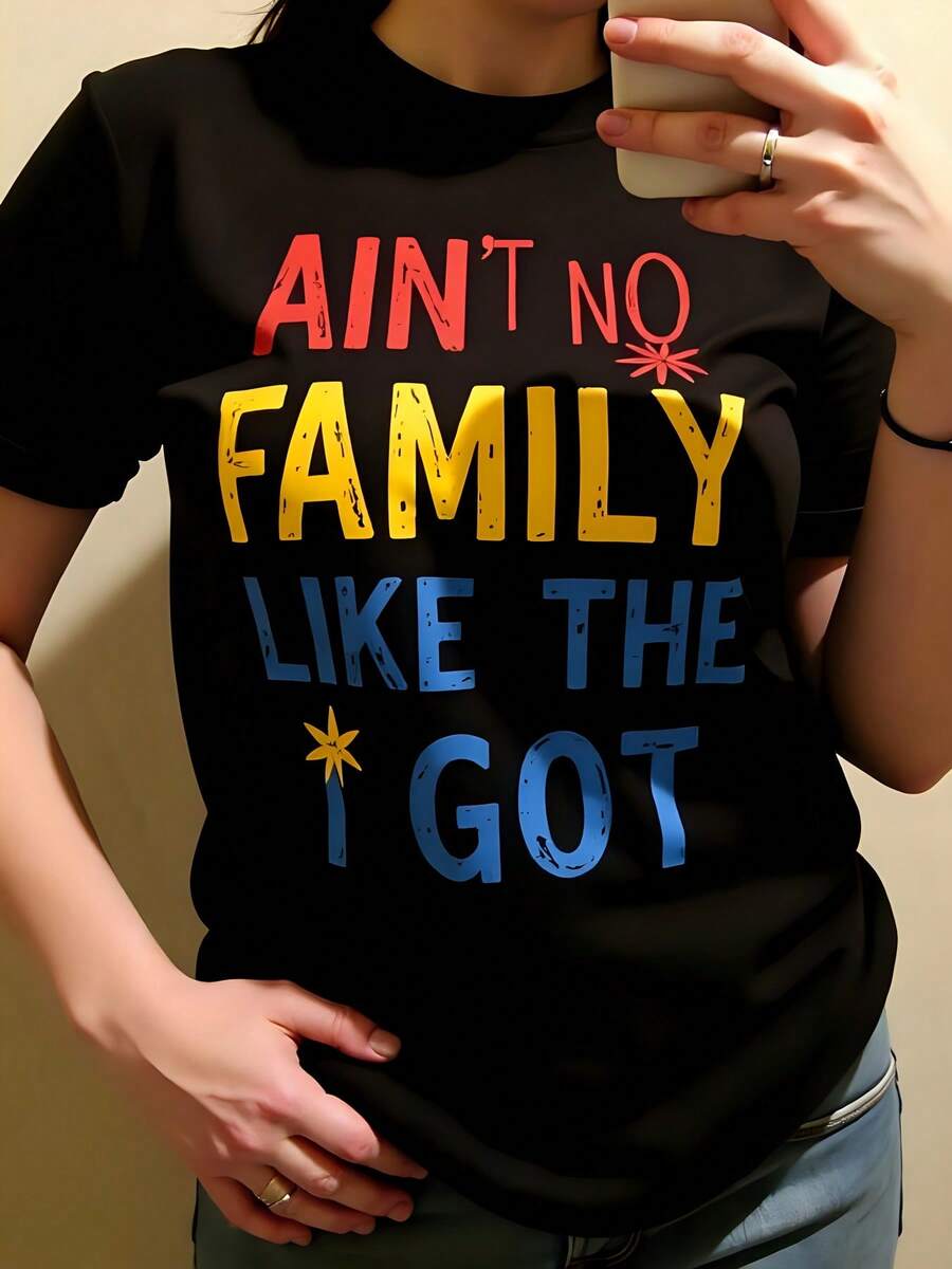 Camiseta estampada "No hay familia como la que tengo" para Acción de Gracias y Halloween, de algodón negro, para mujer, talla grande, cuello redondo, manga corta, informal. - Negro - Ver 1