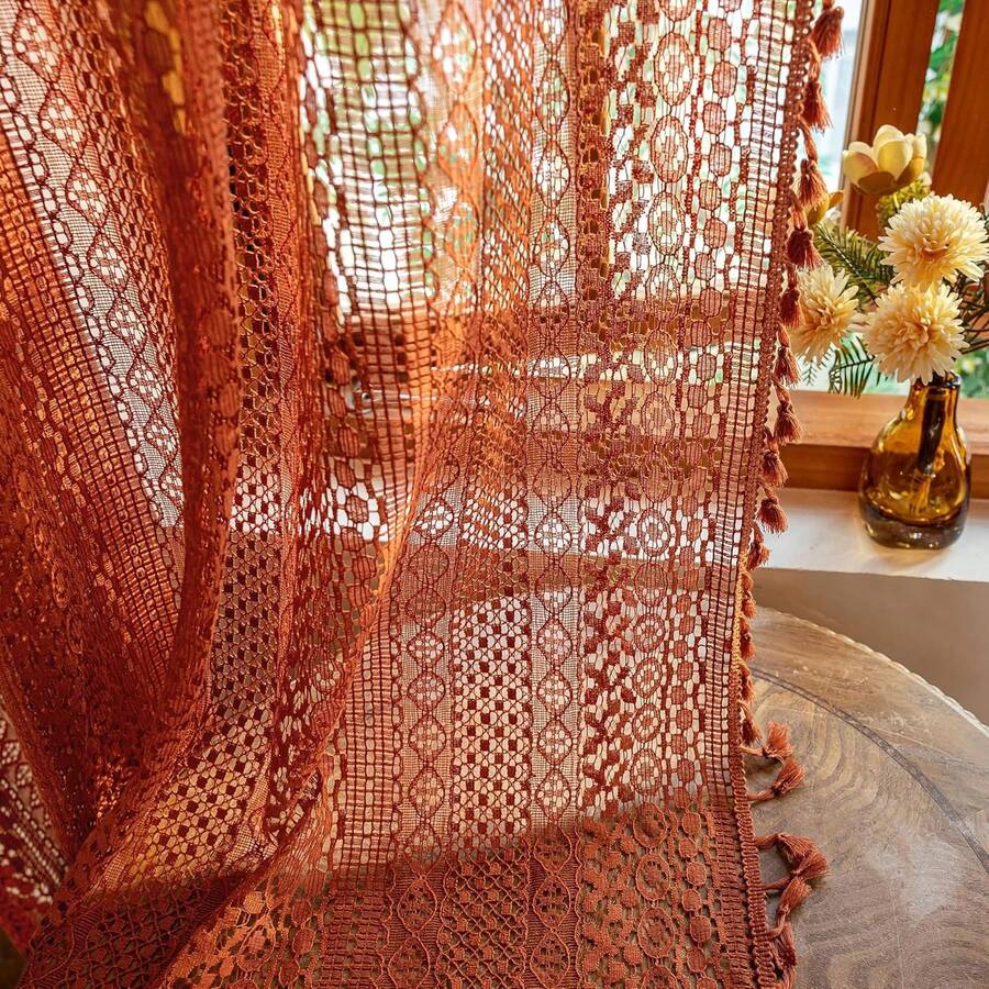 Burnt Orange Sheer Curtains 72 Inch Length 2 Panels Set Boho Crochet Lace For Bedroom Living Room Kitchen Window Farmhouse Fall Rust Colored Drapes, Pumpkin - 橘色 - 查看 1