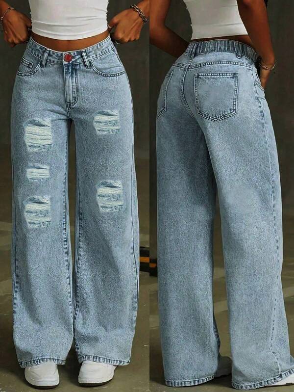 Teen Girls' Casual Distressed Wide-Leg Jeans, Minimalist Fashion For Daily Wear