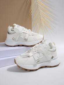 Women Casual Lace-Up Round Toe Sneakers, Low-Top, Outdoor/Skateboard Shoes, Student Shoes, Walking/Running, Suitable For All Seasons, White Shoes - White - View 2