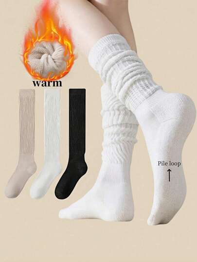 1/2/3 Pairs Women Thick Thermal Lined Warm Socks, Fashionable Colors, Mid-Calf Length, Wrinkle Design, JK Style Slouchy Socks, Autumn/Winter Wool Socks, Solid Color, Fashion Matching, Slouchy Socks, Sports Socks With Terry Lining, Cozy
