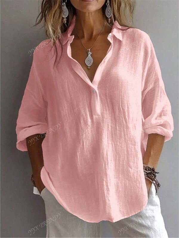 Women's Plus Shirt Solid Color Daily Casual Long Sleeve Bishop Sleeve Shirt Collar Regular Tops Daily Patchwork Buttons