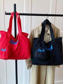 Two - Piece Set,A Lightweight And Spacious Women's Fashion Tote Bag Made Of Fabric, Featuring Large Letter Decorations, With An Attached Drawstring Coin Purse. Ideal For Weekend Trips And Daily Shopping.