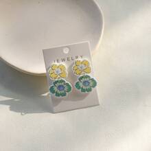 1 Pair Elegant Yellow & Green Floral Doodle Acrylic Drop Earrings, Women Holiday Party
