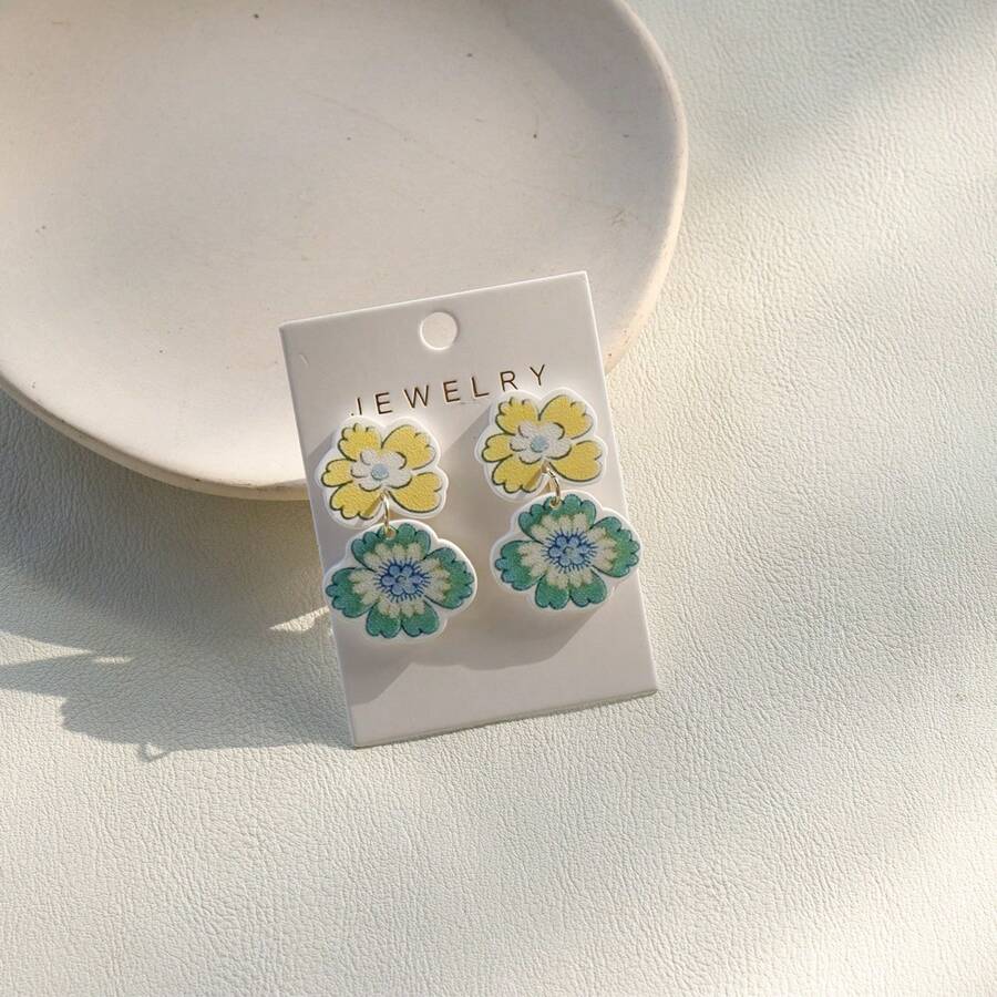 1 Pair Elegant Yellow & Green Floral Doodle Acrylic Drop Earrings, Women Holiday Party