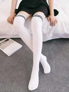 1/2/3双装女士针织过膝长袜，条纹紧身过膝长袜，保暖舒适，适合日常穿着、角色扮演、Y2K风格等场合。 - 白色 - 查看 2