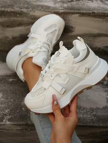 Women Casual Lace-Up Round Toe Sneakers, Low-Top, Outdoor/Skateboard Shoes, Student Shoes, Walking/Running, Suitable For All Seasons, White Shoes - White - View 5