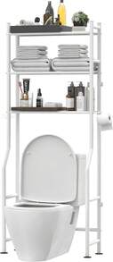 3-Tier Over The Toilet Storage, Freestanding Metal Bathroom Shelves With 4 Hooks, Over Toilet Storage Shelf With Paper Holder, Above The Toilet Shelf For Bathroom Storage, White - 白色 - 查看 1