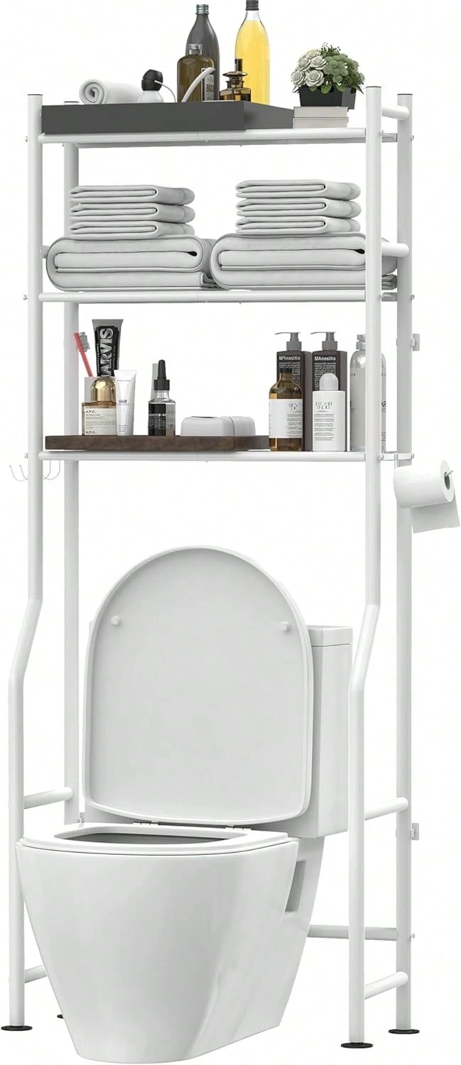 3-Tier Over The Toilet Storage, Freestanding Metal Bathroom Shelves With 4 Hooks, Over Toilet Storage Shelf With Paper Holder, Above The Toilet Shelf For Bathroom Storage, White - 白色 - 查看 1