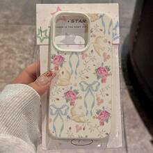 1pc TPU Material Elegant White Bow Floral Pattern Phone Case Compatible With Apple// Phones - White - View 1