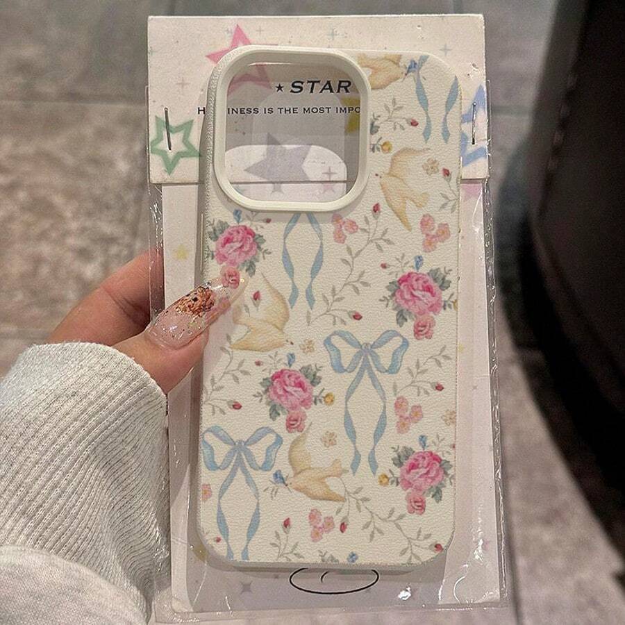 1pc TPU Material Elegant White Bow Floral Pattern Phone Case Compatible With Apple// Phones - White - View 1