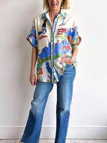 Women's Linen Shirt With Unique Graffiti Print, Single-Breasted Multi-Button - Blue - View 3