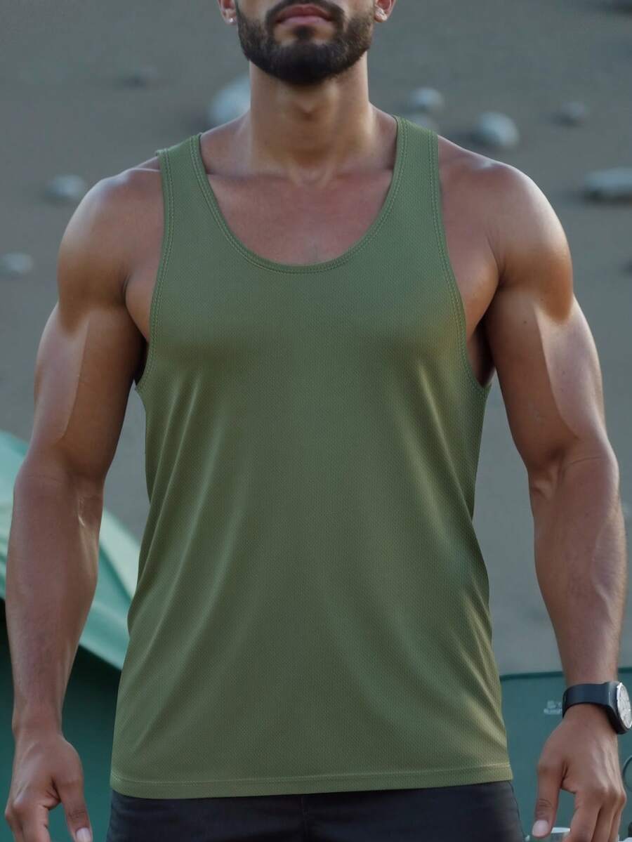 Men's Sleeveless Workout Tank Top With Racerback Design, Allows More Arm Mobility For Weight Training And Outdoor Cycling, Breathable And Unrestricting - Army Green - View 1
