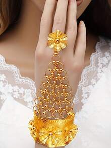 1 件女士时尚手链带戒指套装，中东复古花卉图案个性手链，适合派对、度假、女友礼物、日常搭配