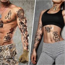 New  48 Waterproof Temporary Tattoos For Alt, Patchwork Temporary Tattoos For Men Women, American Ol School Fll Arm Fake Tattoos, Realistic Traitional Flower Animal Half Arm Tattoo - Patchwork - View 2