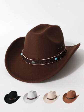 1pc Unisex High-Quality Wool Felt Letter Decorated Hat, Western Cowboy Hat With Breathable Eyelets, Suitable For Western Themed Events, Music Festivals, Parties, Daily Wear, Fashionable & Versatile
