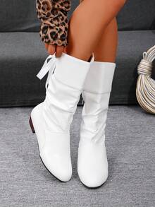 Sznurowane kokardki krótkie, czarne płaskie buty do połowy łydki, eleganckie słodkie buty, krótkie sznurowane buty, jednolity kolor syntetycznej skóry, płaskie podwyższone wygodne codzienne skórzane buty, grube kalosze na obcasie, damskie kalosze, buty, niski obcas 2025 jesień/zima nowe grube dno wodoodporne krótkie buty na platformie, duże buty z marszczeniami, damskie buty na kwadratowym obcasie, eleganckie okrągłe noski wygodne uniwersalne słodkie białe buty