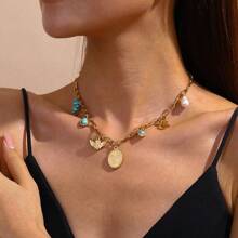 1 Pc Vintage Oval Portrait Pendant Necklace Chain, Versatile Turquoise Water Drop Faux Pearl Angel Clavicle Chain Jewelry